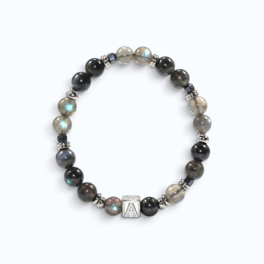 Letter A | Grey Moonstone & Black Auralite Bracelet