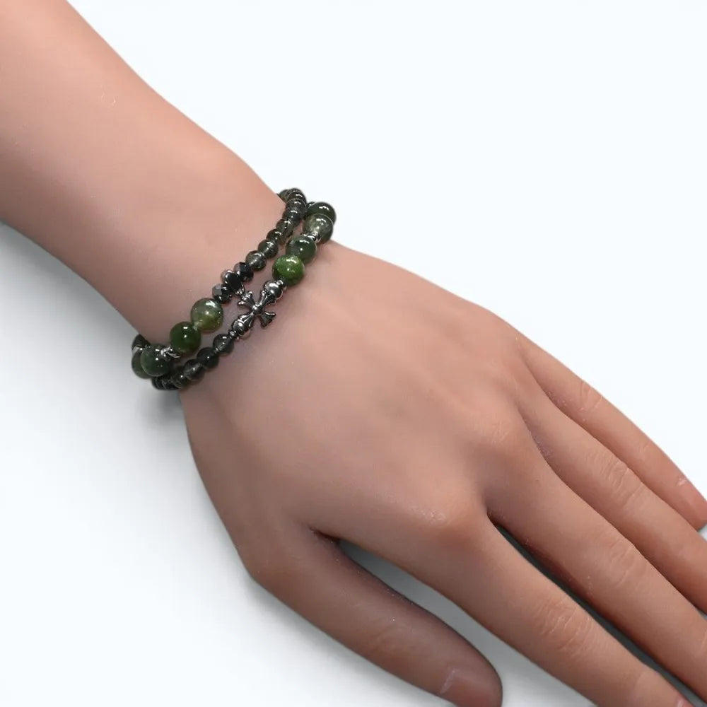 Silver Chrome Heart Cross Charm + Green Lepidolite Quartz w/ Green Rutilated Quartz Bracelet