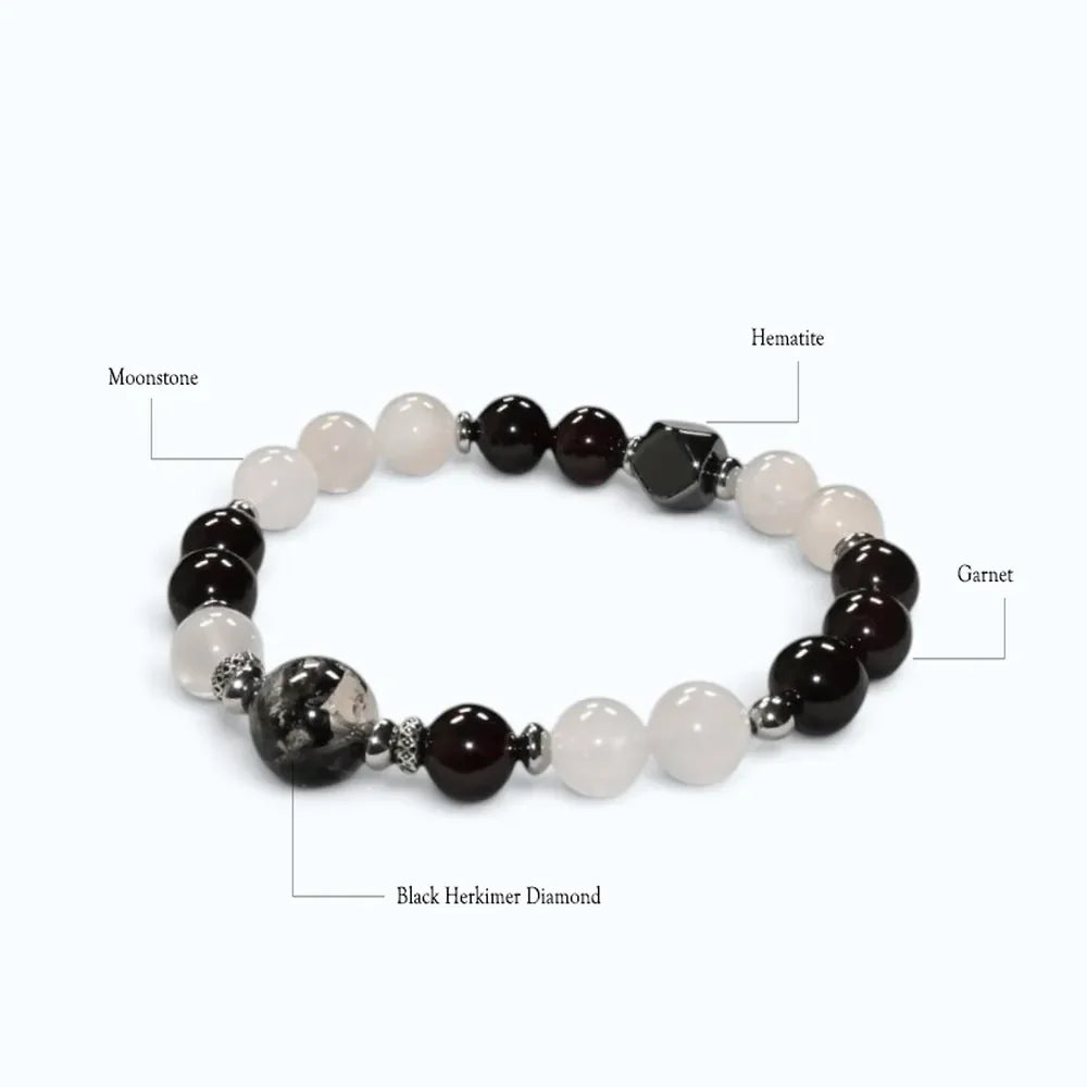 Black Herkimer Diamond Charm + Moonstone w/ Garnet Quartz Bracelet