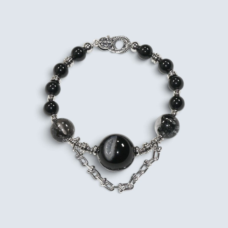 Agate Charm + Black Tourmaline w/ Herkimer Diamond Bangle