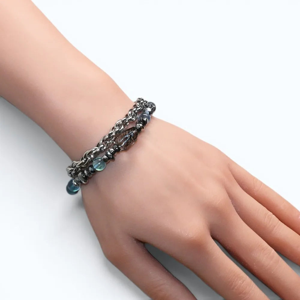Black Rutilated Quartz Charm + Aquamarine Phantom Quartz  w/ Meteorite Bracelet