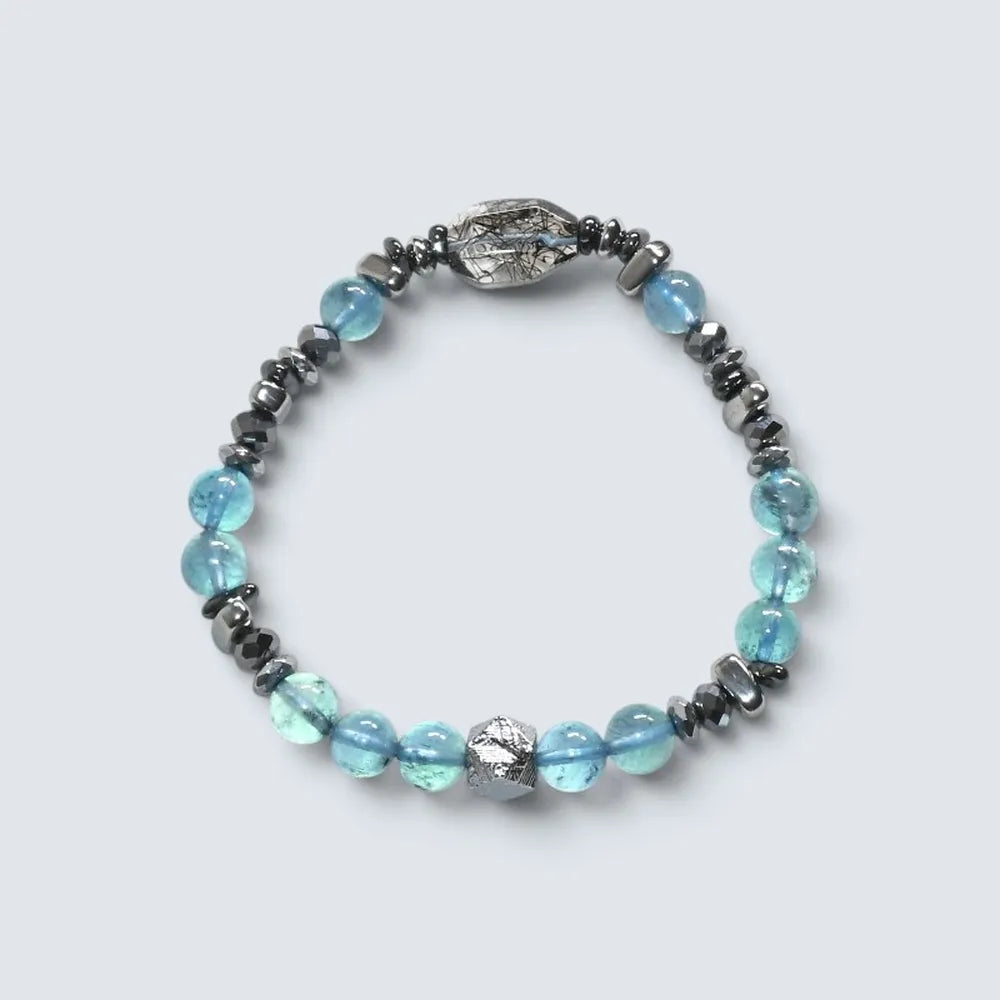 Black Rutilated Quartz Charm + Aquamarine Phantom Quartz  w/ Meteorite Bracelet