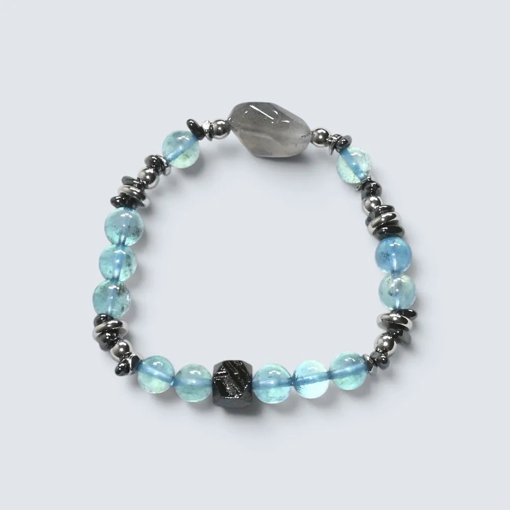 Labradorite Charm + Aquamarine Phantom Quartz w/ Sweden Meteorite Bracelet