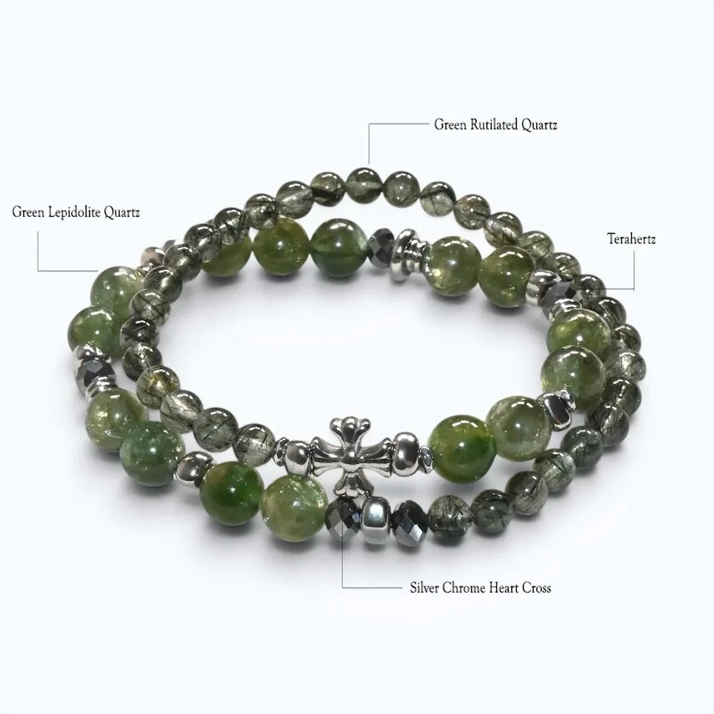 Silver Chrome Heart Cross Charm + Green Lepidolite Quartz w/ Green Rutilated Quartz Bracelet