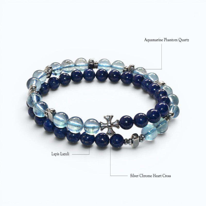 Silver Chrome Heart Cross Charm + Aquamarine Phantom Quartz w/ Lapis Lazuli Bracelet