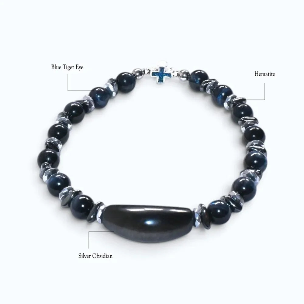 Silver Obsidian Charm w/ Blue Tiger Eye Bracelet
