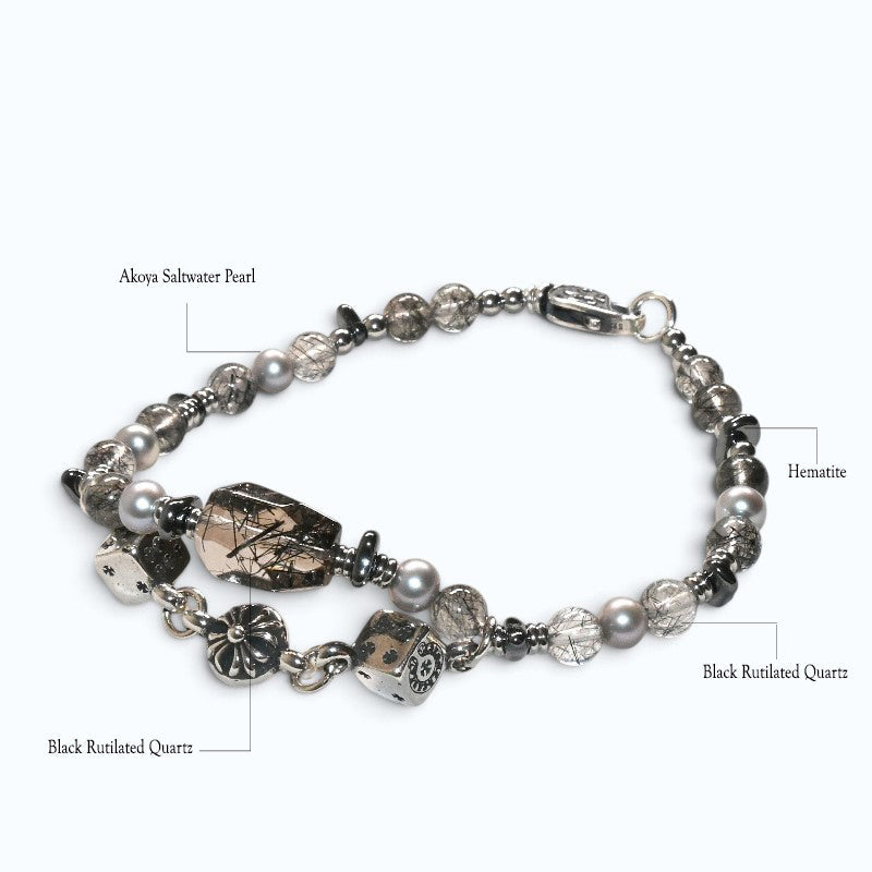 Black Rutilated Quartz Charm + Black Rutilated Quartz w/ Akoya Pearl Bracelet