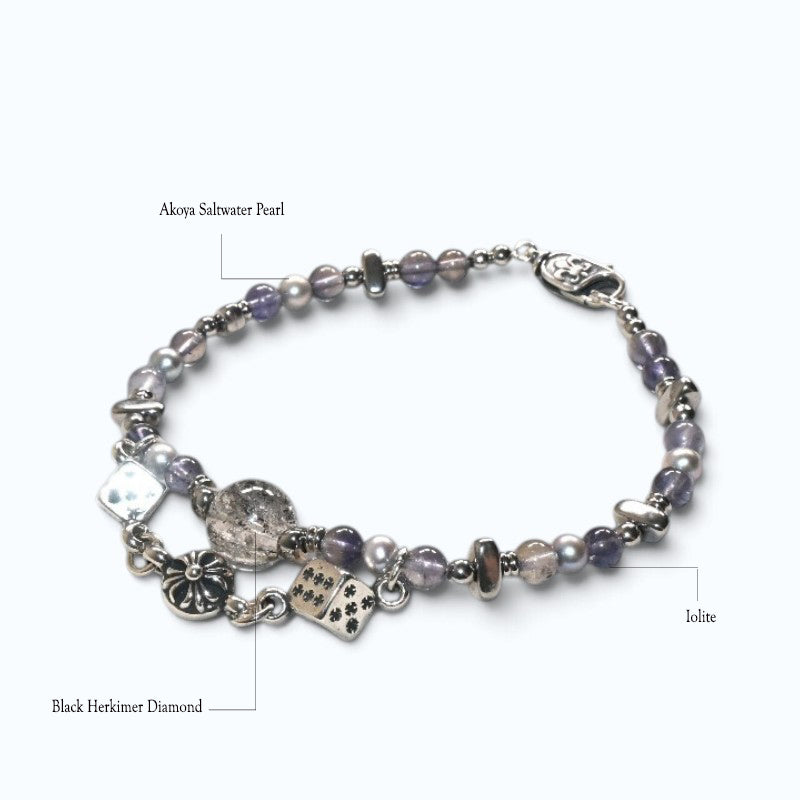 Black Herkimer Diamond Charm + Iolite w/ Akoya Pearl Bracelet