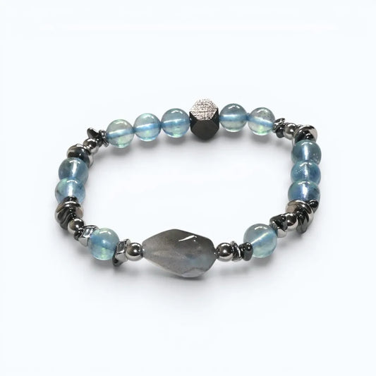 Labradorite Charm + Aquamarine Phantom Quartz w/ Sweden Meteorite Bracelet