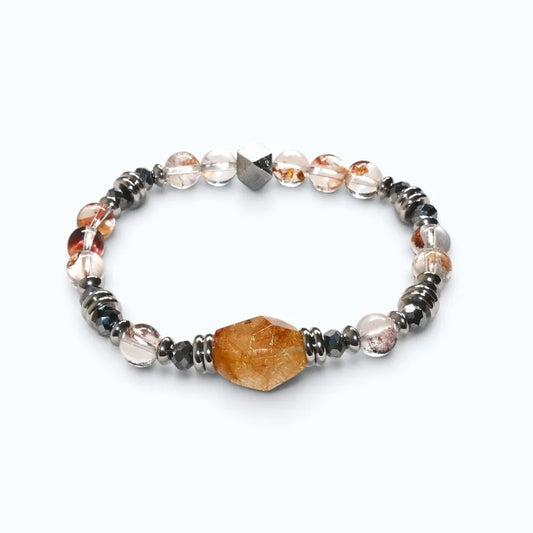 Golden Rutilated Quartz Charm + Hematoid Quartz w/ Sweden Meteorite Bracelet