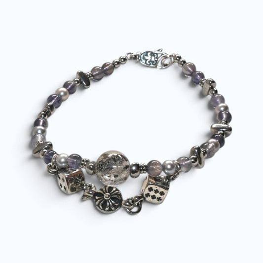 Black Herkimer Diamond Charm + Iolite w/ Akoya Pearl Bracelet