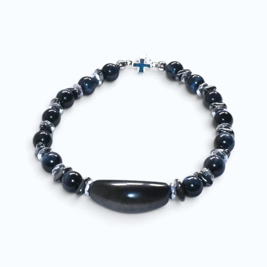 Silver Obsidian Charm w/ Blue Tiger Eye Bracelet