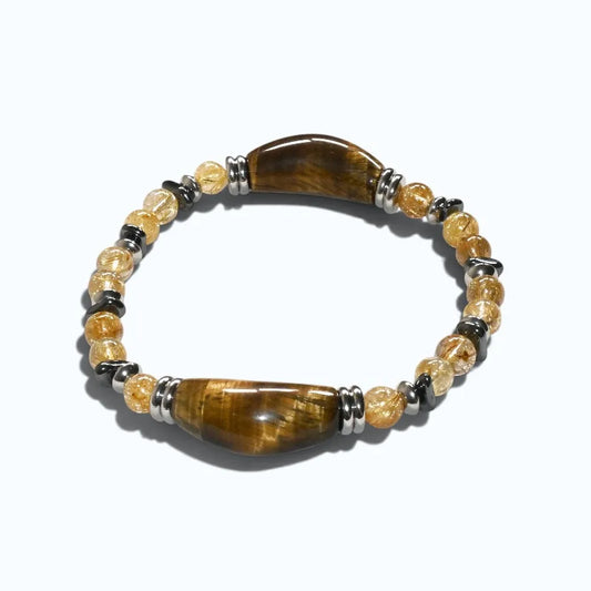 Double Tiger Eye Charm w/ Golden Titanium Rutilated Quartz Bracelet