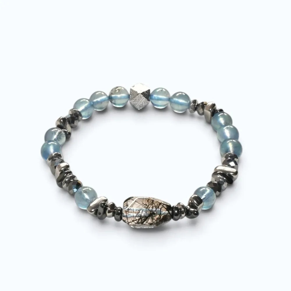 Black Rutilated Quartz Charm + Aquamarine Phantom Quartz  w/ Meteorite Bracelet