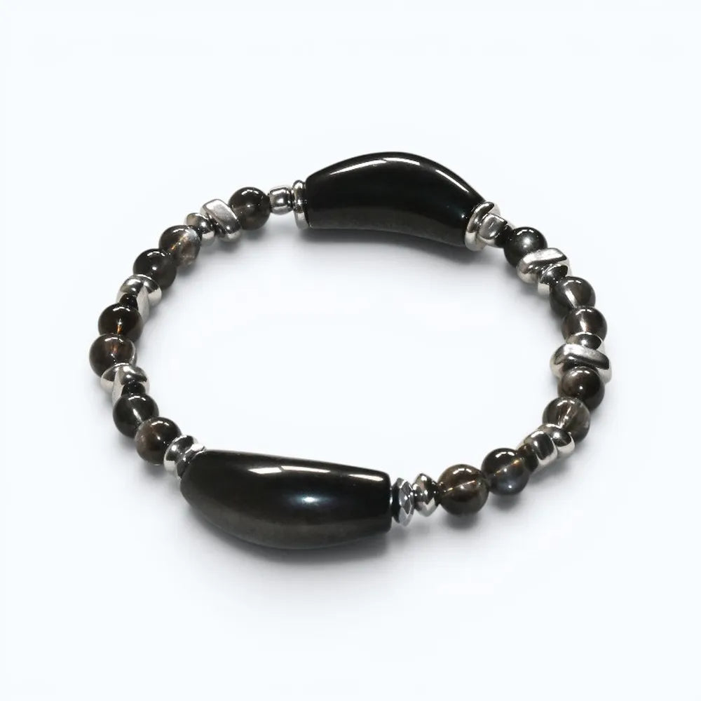Double Silver Obsidian Charm w/ Black Skeletal Sunstone Bracelet