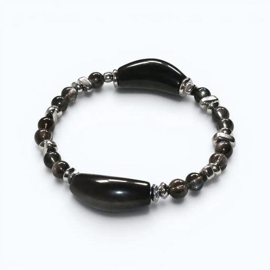 Double Silver Obsidian Charm w/ Black Skeletal Sunstone Bracelet