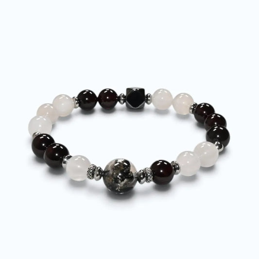 Black Herkimer Diamond Charm + Moonstone w/ Garnet Quartz Bracelet