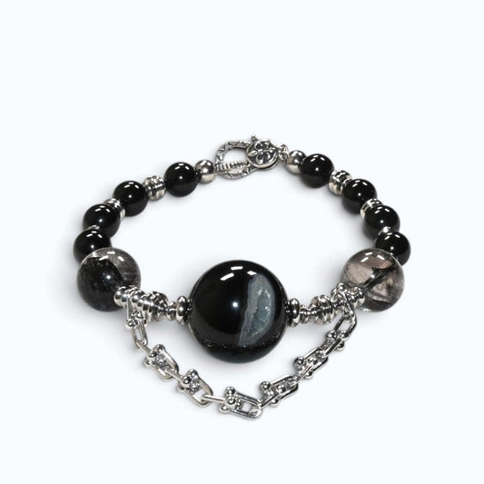 Agate Charm + Black Tourmaline w/ Herkimer Diamond Bangle