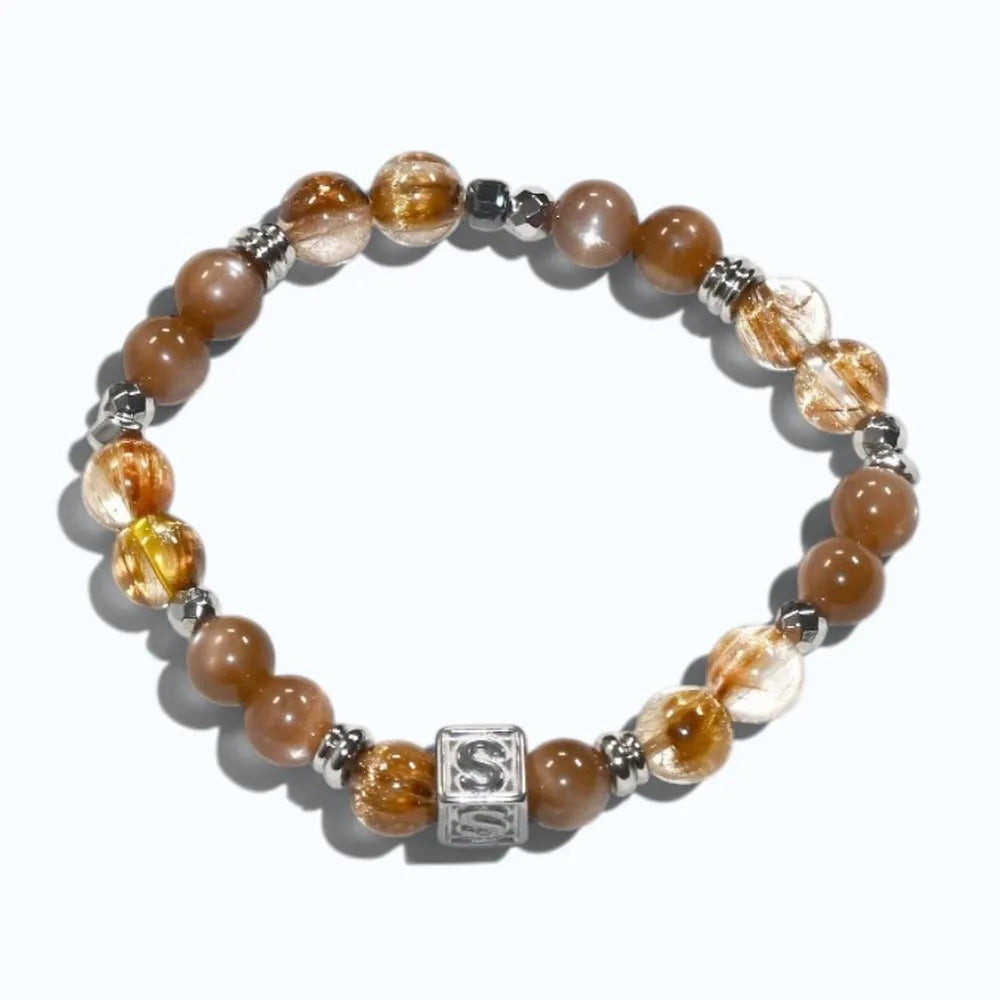 Letter S | Peach Moonstone & Golden Titanium Rutilated Quartz Bracelet