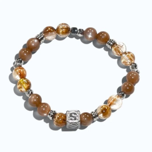 Letter S | Peach Moonstone & Golden Titanium Rutilated Quartz Bracelet
