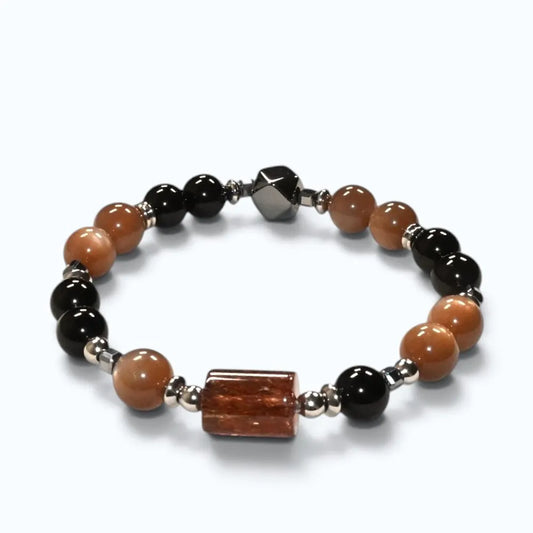 Blackgold Super Seven Quartz Charm + Peach Moonstone w/ Black Tourmaline Quartz Bracelet
