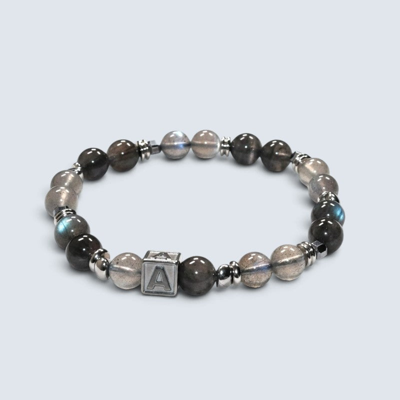 Letter A | Grey Moonstone & Black Auralite Bracelet