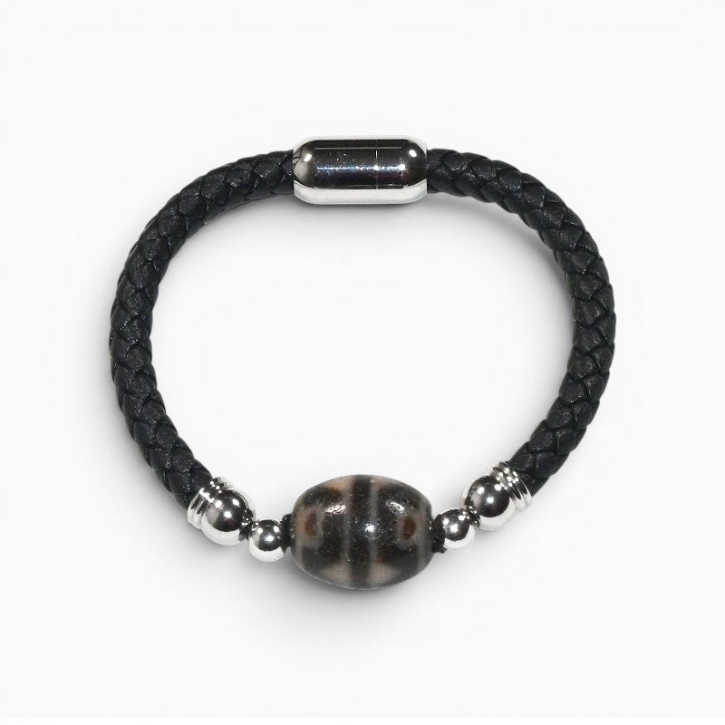 Lotus Tiger Tooth Dzi Bead w/ Leather Bangle