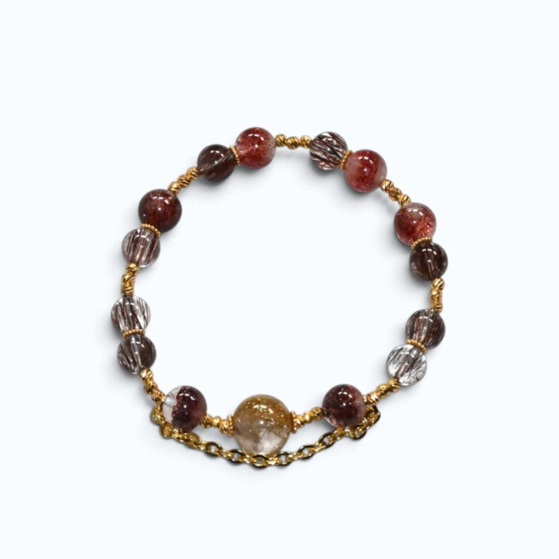 Golden TitaRutilated Quartz Charm + lepidocrocite Super Seven w/ Red Copper Rutilated Quartz Bracelet
