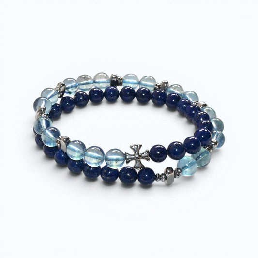 Silver Chrome Heart Cross Charm + Aquamarine Phantom Quartz w/ Lapis Lazuli Bracelet