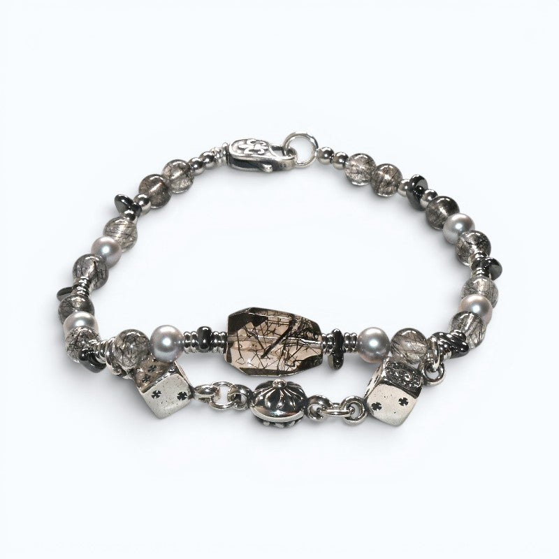 Black Rutilated Quartz Charm + Black Rutilated Quartz w/ Akoya Pearl Bracelet