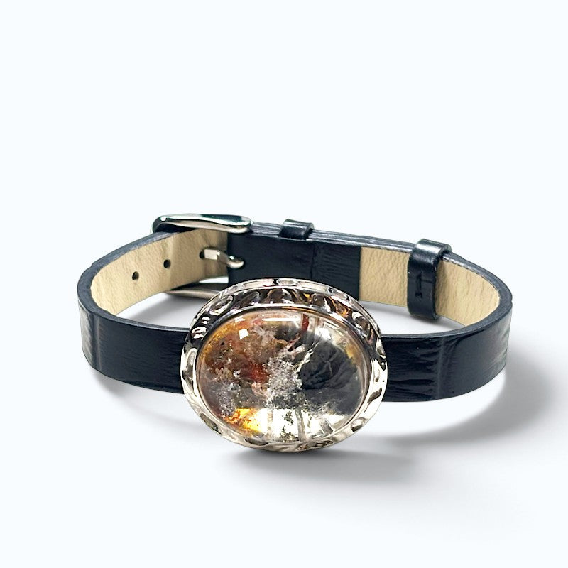 Rainbow Inclusion Quartz w/ Hematoid Quartz Leather Bracelet