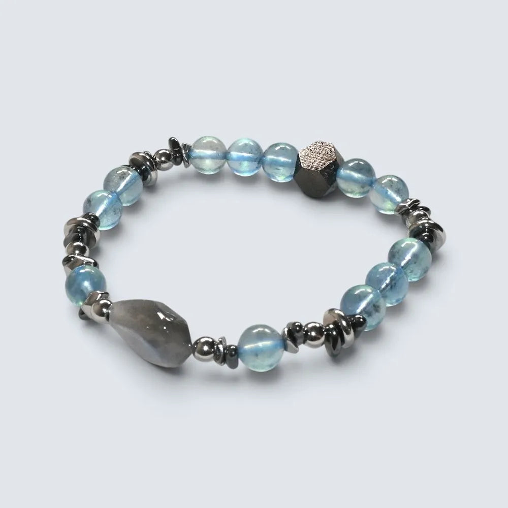 Labradorite Charm + Aquamarine Phantom Quartz w/ Sweden Meteorite Bracelet