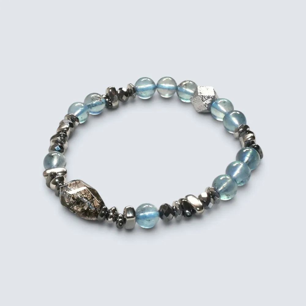 Black Rutilated Quartz Charm + Aquamarine Phantom Quartz  w/ Meteorite Bracelet