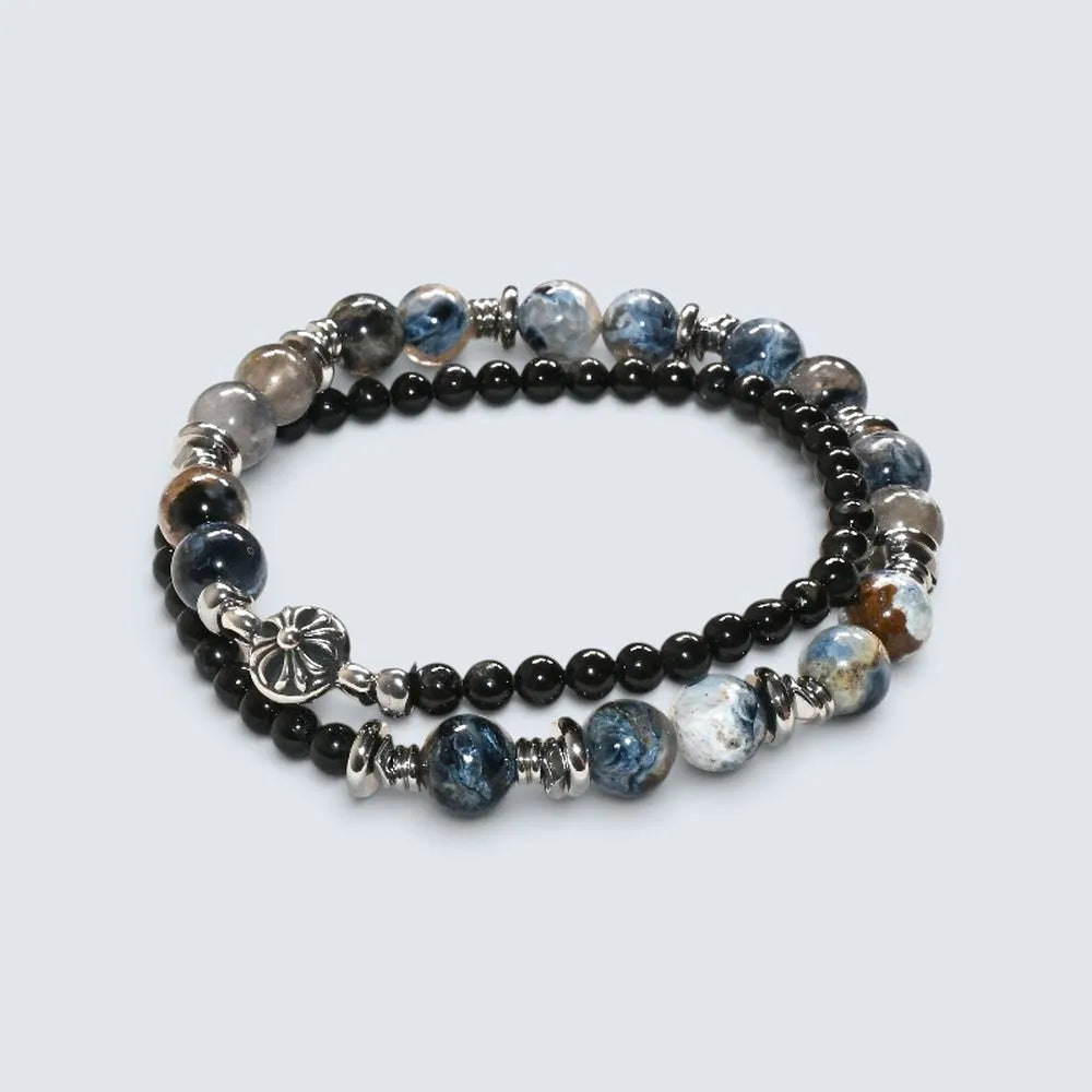 Silver Chrome Heart Charm + Pietersite w/ Hypersthene Bracelet