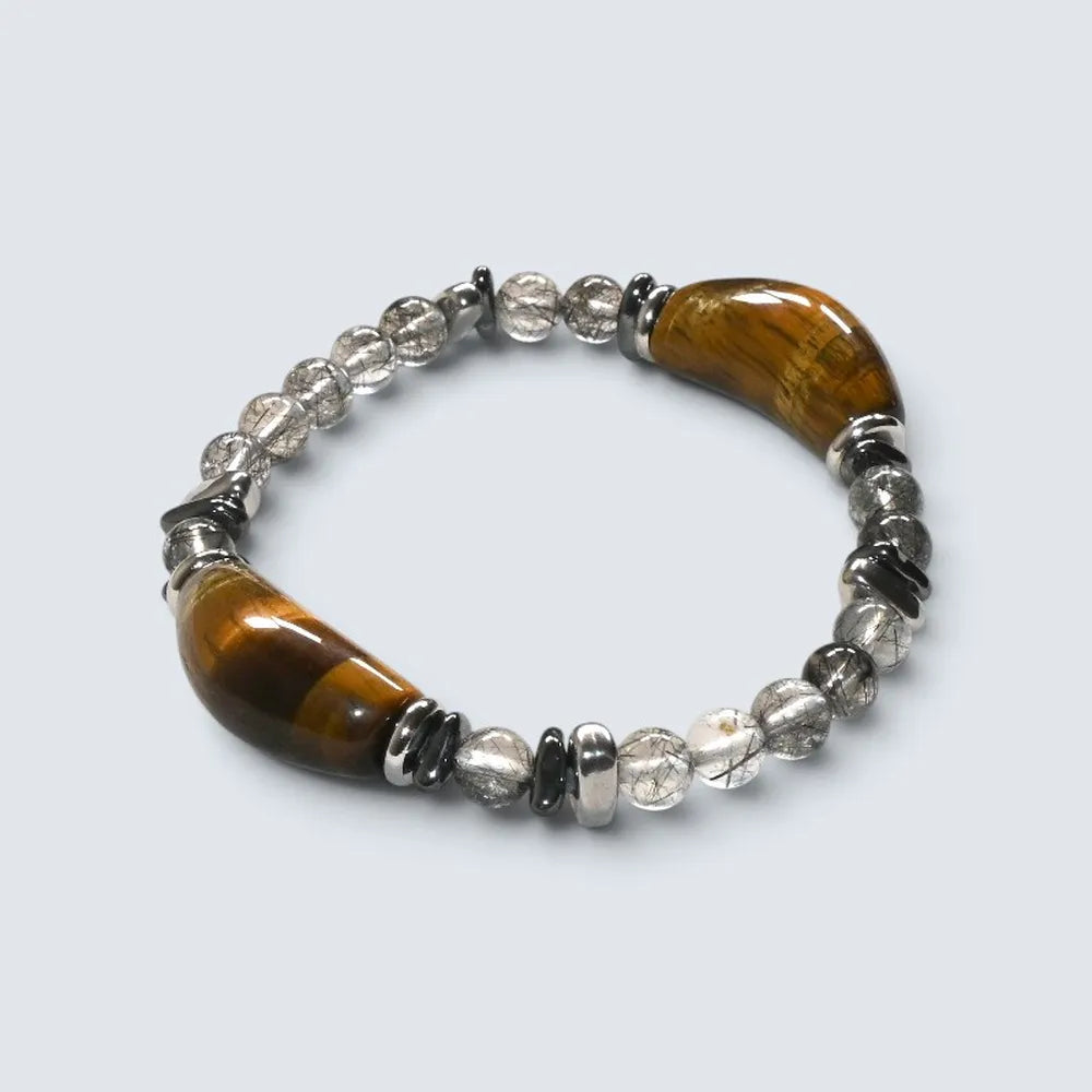 Double Tiger Eye Charm w/ Black Rutilated Quartz Bracelet