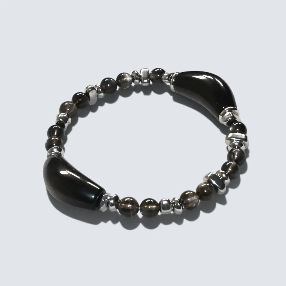Double Silver Obsidian Charm w/ Black Skeletal Sunstone Bracelet