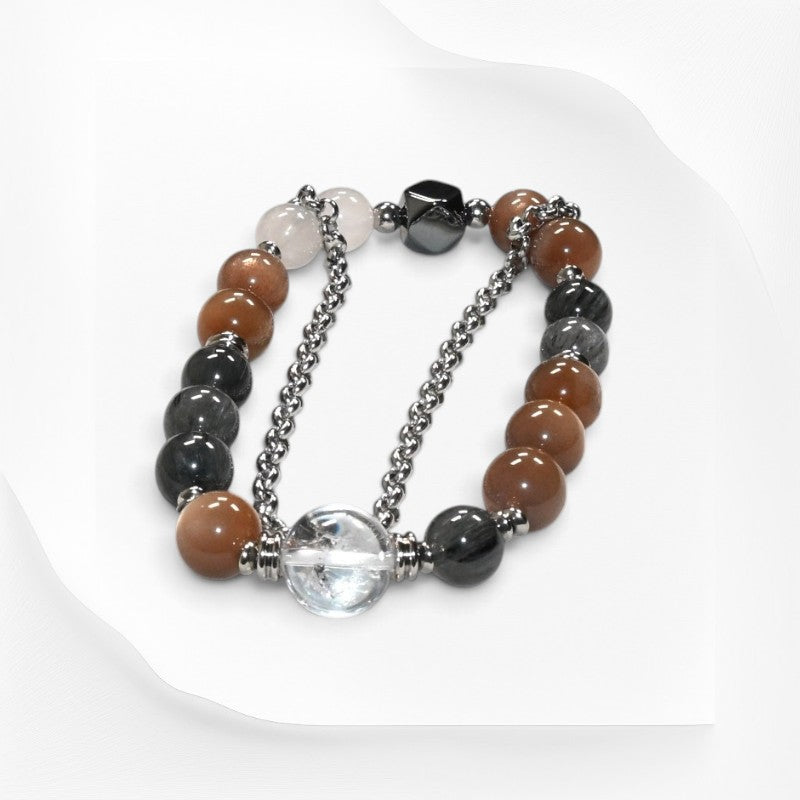 Rainbow Clear Quartz Charm + Peach Moonstone w/ Grey Rutilated Quartz Bracelet