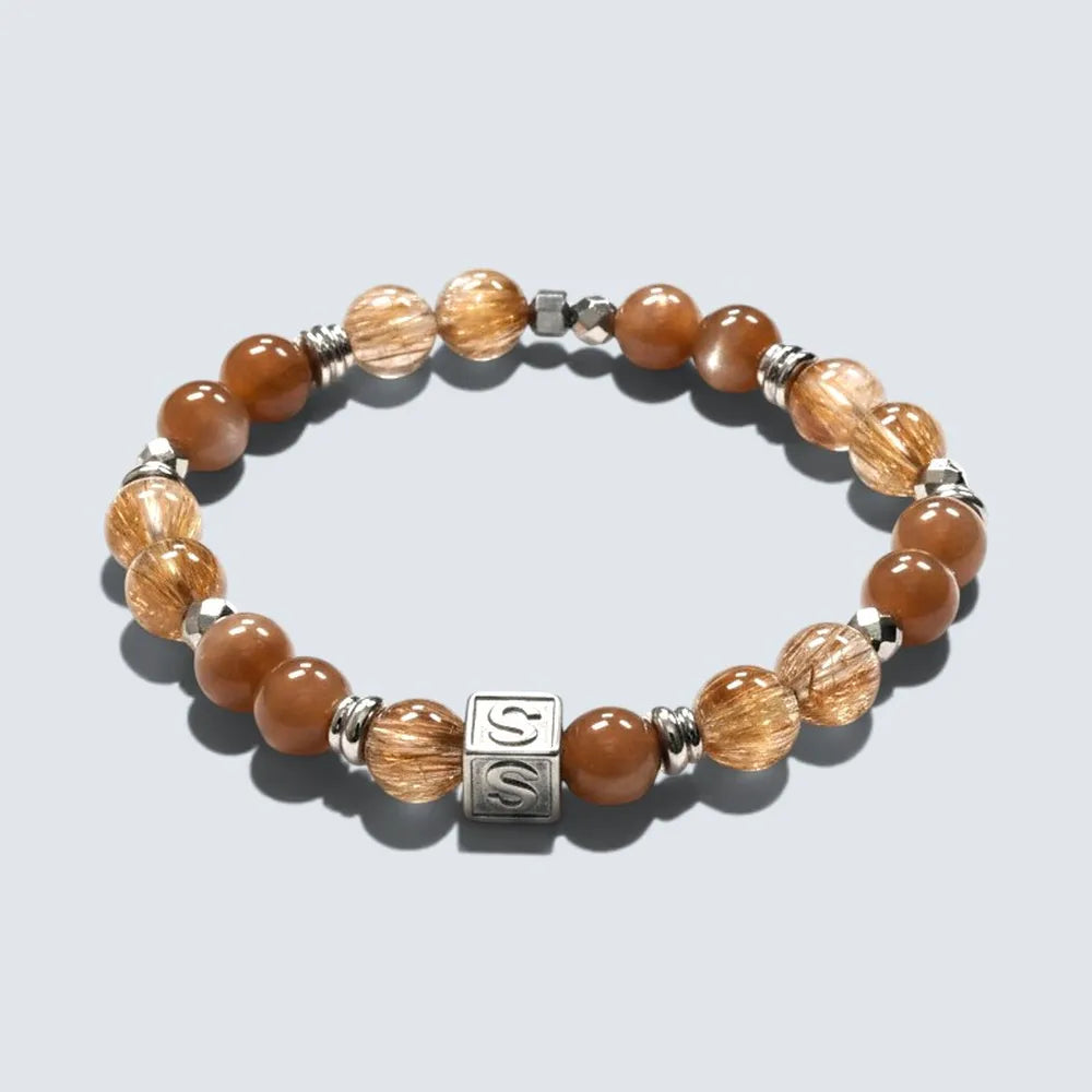 Letter S | Peach Moonstone & Golden Titanium Rutilated Quartz Bracelet