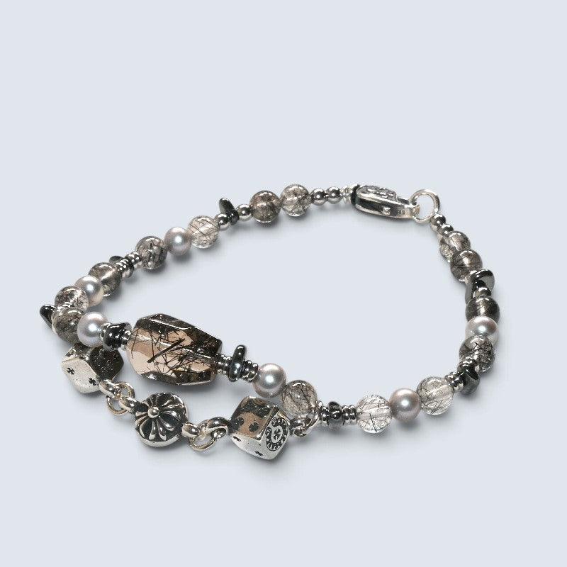 Black Rutilated Quartz Charm + Black Rutilated Quartz w/ Akoya Pearl Bracelet