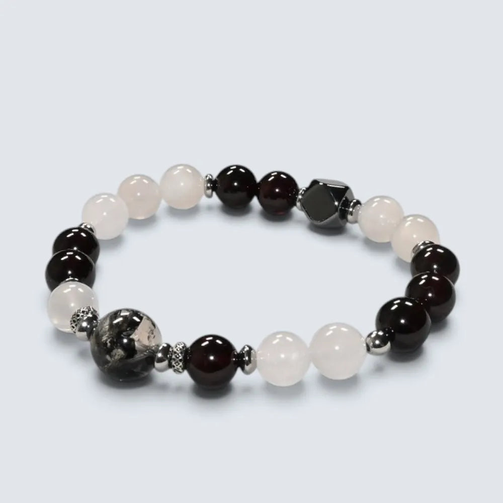 Black Herkimer Diamond Charm + Moonstone w/ Garnet Quartz Bracelet
