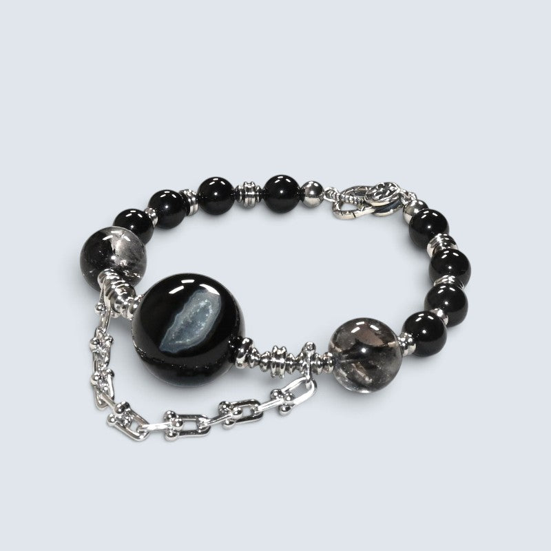Agate Charm + Black Tourmaline w/ Herkimer Diamond Bangle
