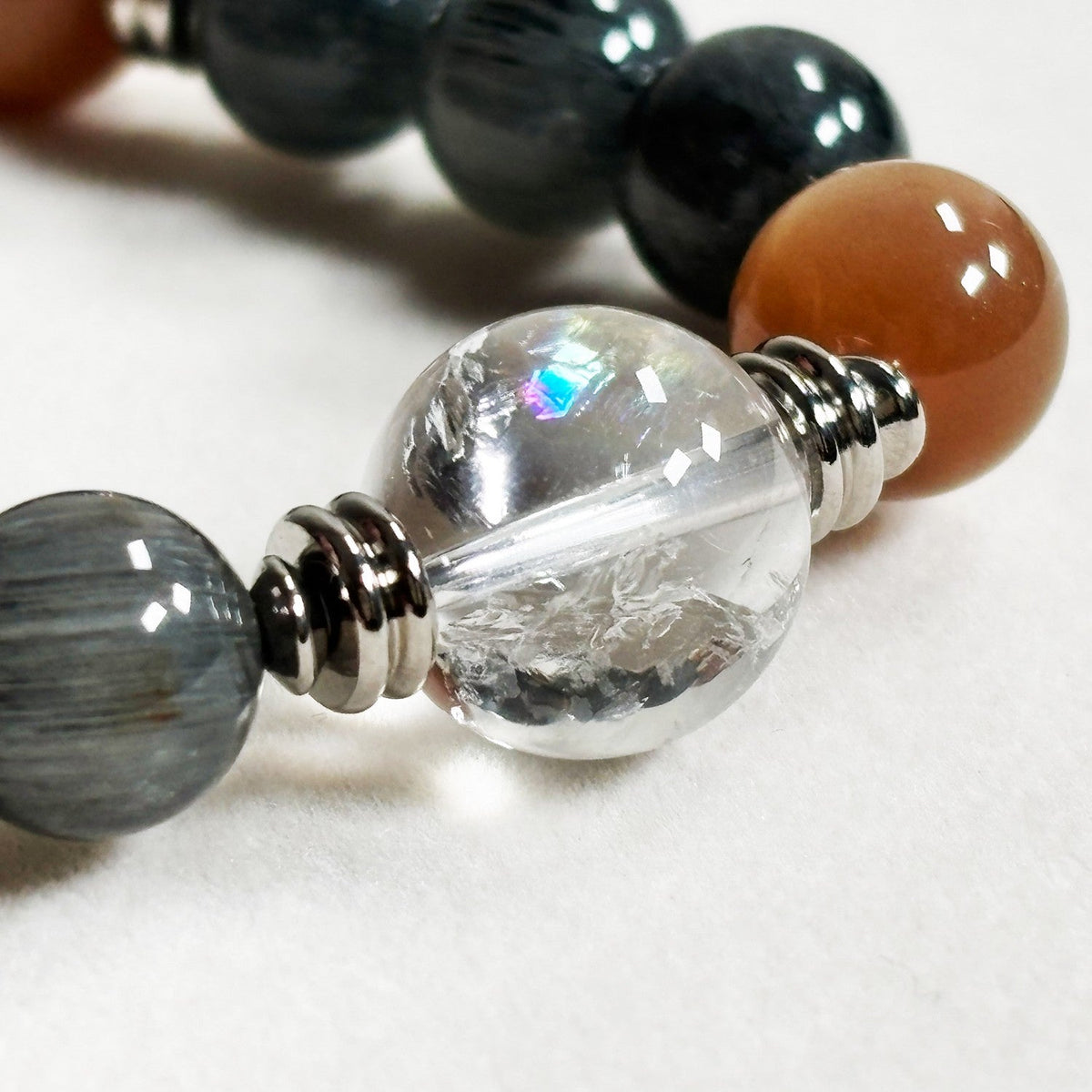 Rainbow Clear Quartz Charm + Peach Moonstone w/ Grey Rutilated Quartz Bracelet