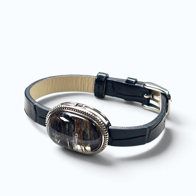 Copper Rutilated Quartz w/ Biotite Mica Leather Bracelet