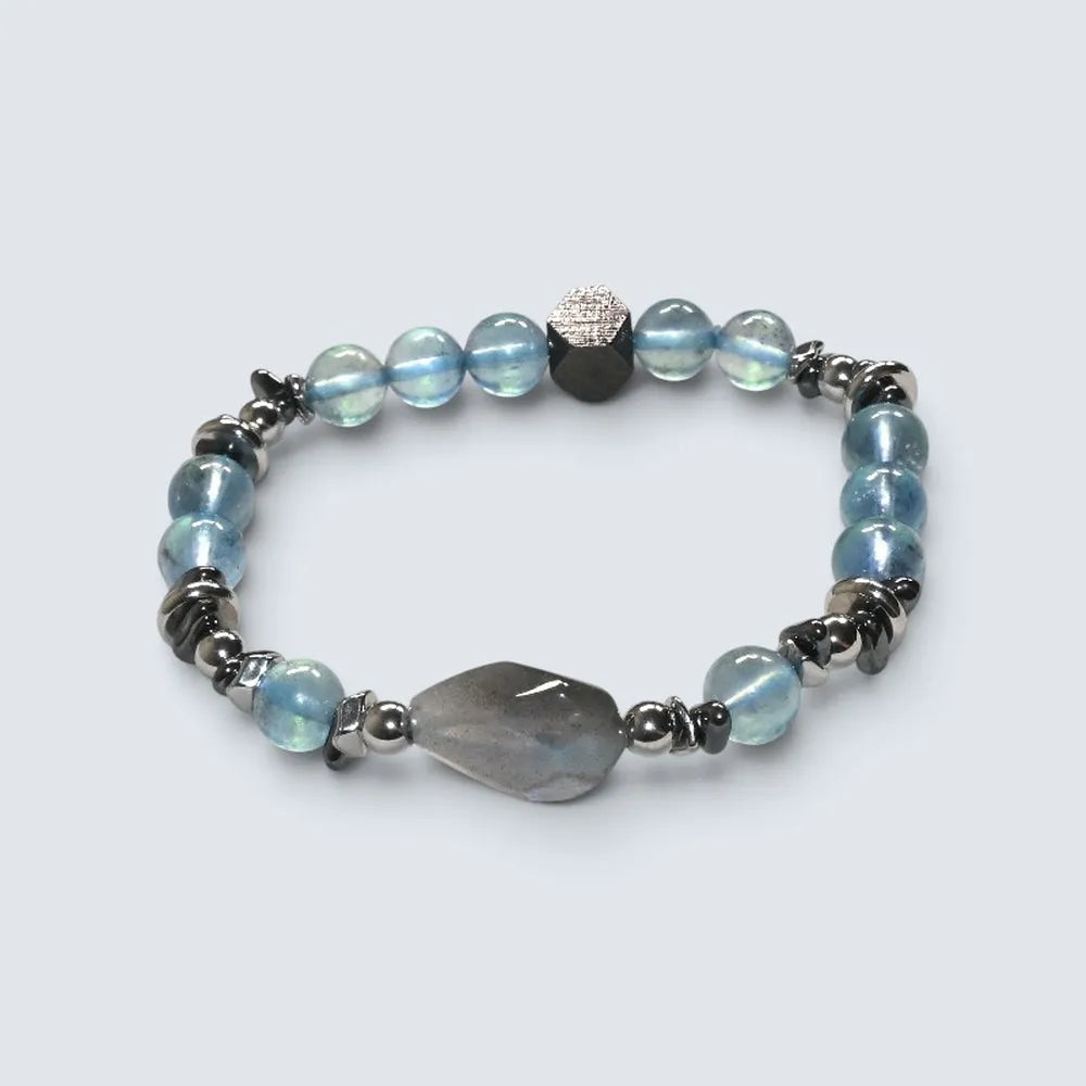 Labradorite Charm + Aquamarine Phantom Quartz w/ Sweden Meteorite Bracelet