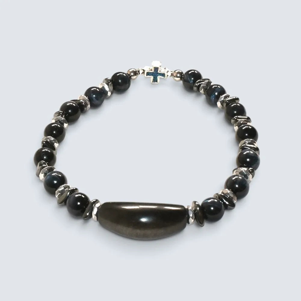 Silver Obsidian Charm w/ Blue Tiger Eye Bracelet