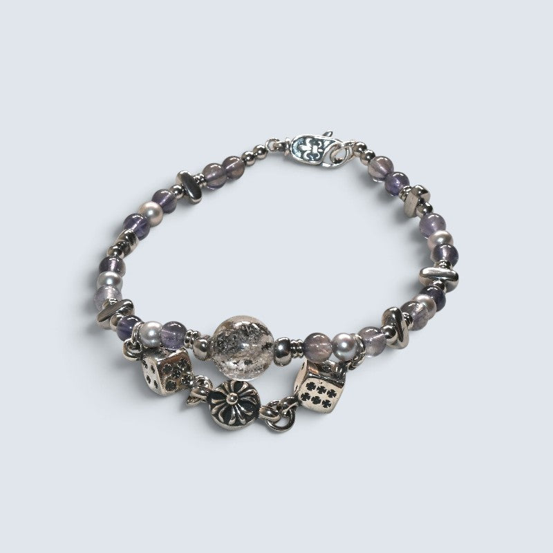 Black Herkimer Diamond Charm + Iolite w/ Akoya Pearl Bracelet