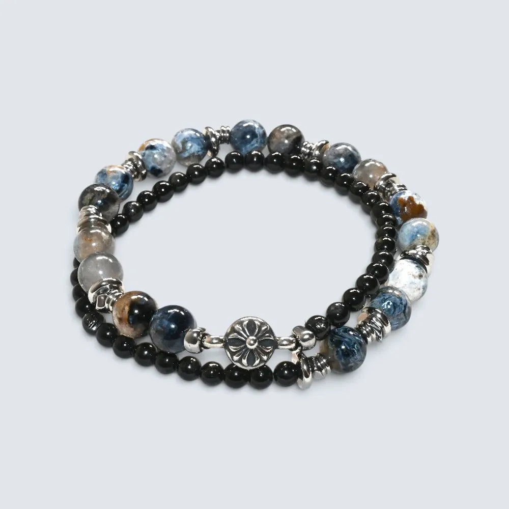 Silver Chrome Heart Charm + Pietersite w/ Hypersthene Bracelet