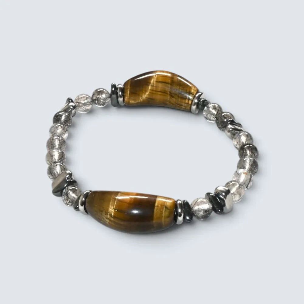 Double Tiger Eye Charm w/ Black Rutilated Quartz Bracelet