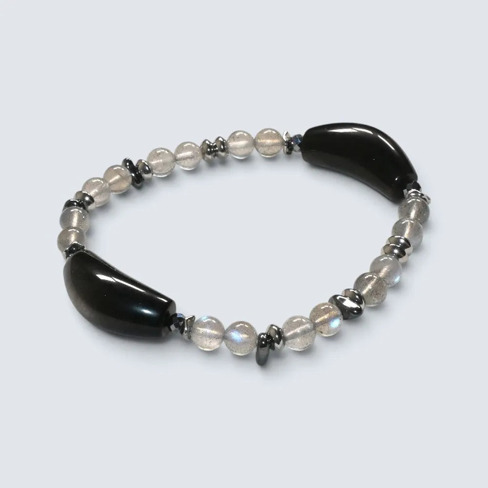 Double Silver Obsidian Charm w/  Grey Moonstone Bracelet