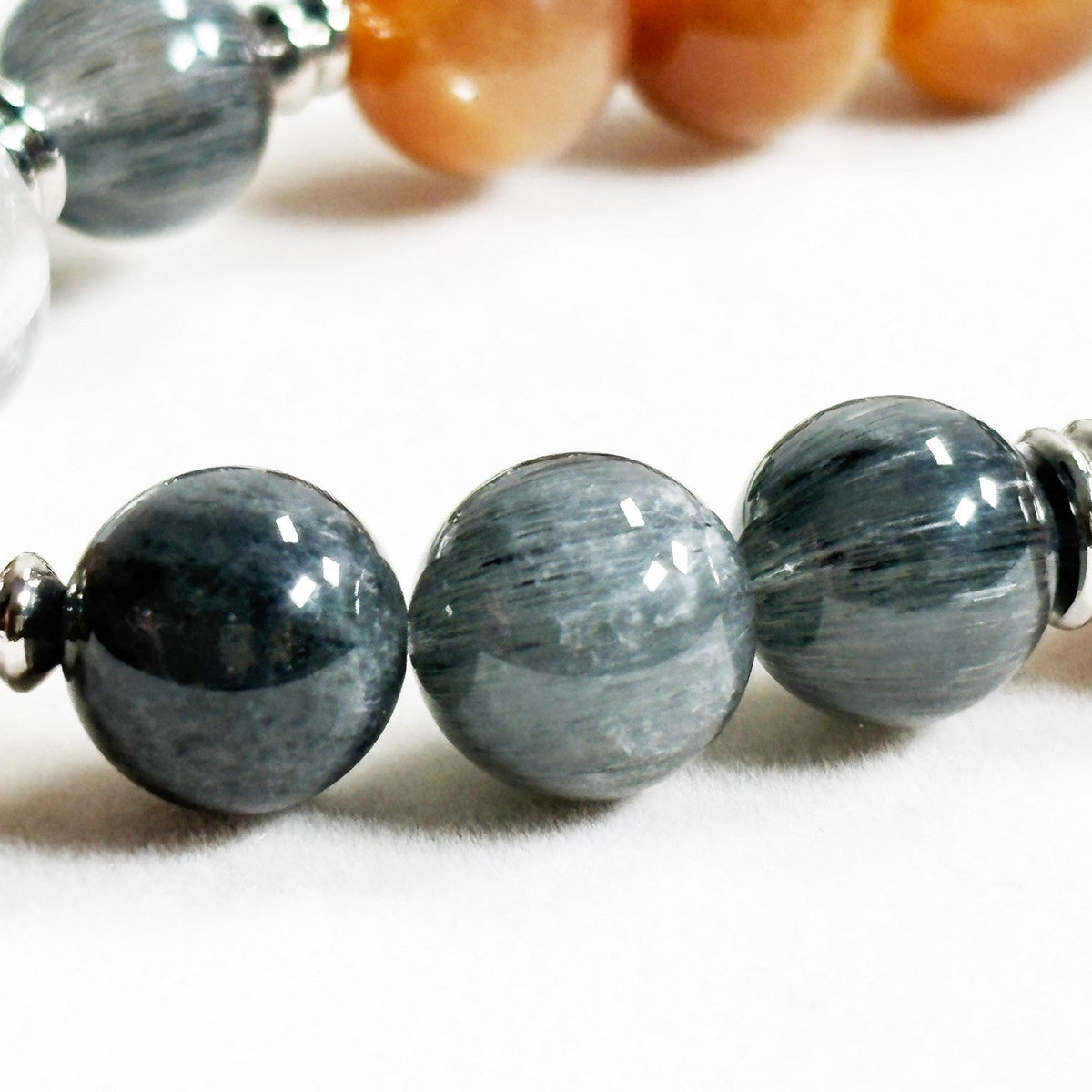Rainbow Clear Quartz Charm + Peach Moonstone w/ Grey Rutilated Quartz Bracelet